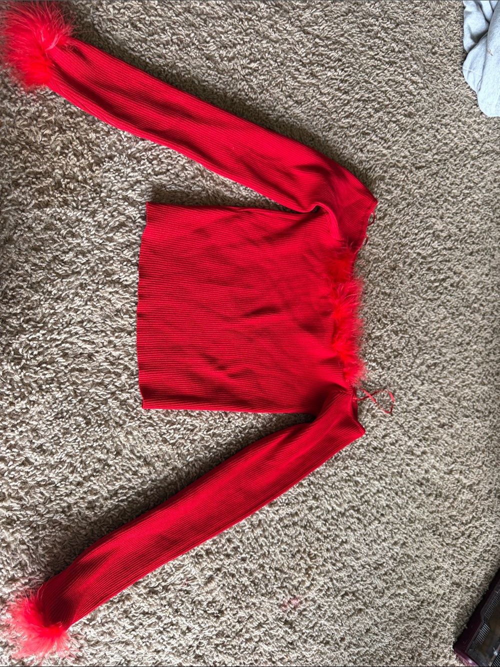 Red Feather Trim Ribbed Crop Sweater
